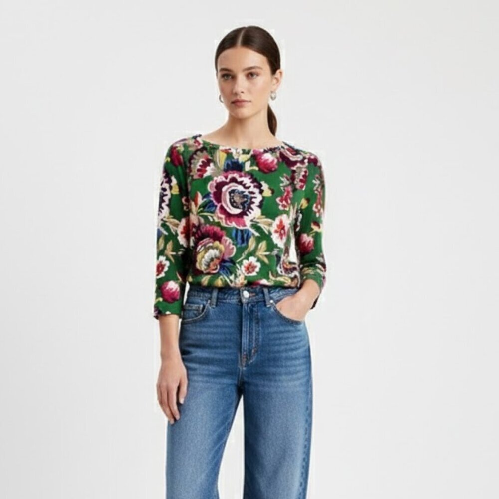 STYLE & CO. Green Floral Pima Cotton Knit Top | Small | Spring Color Pop